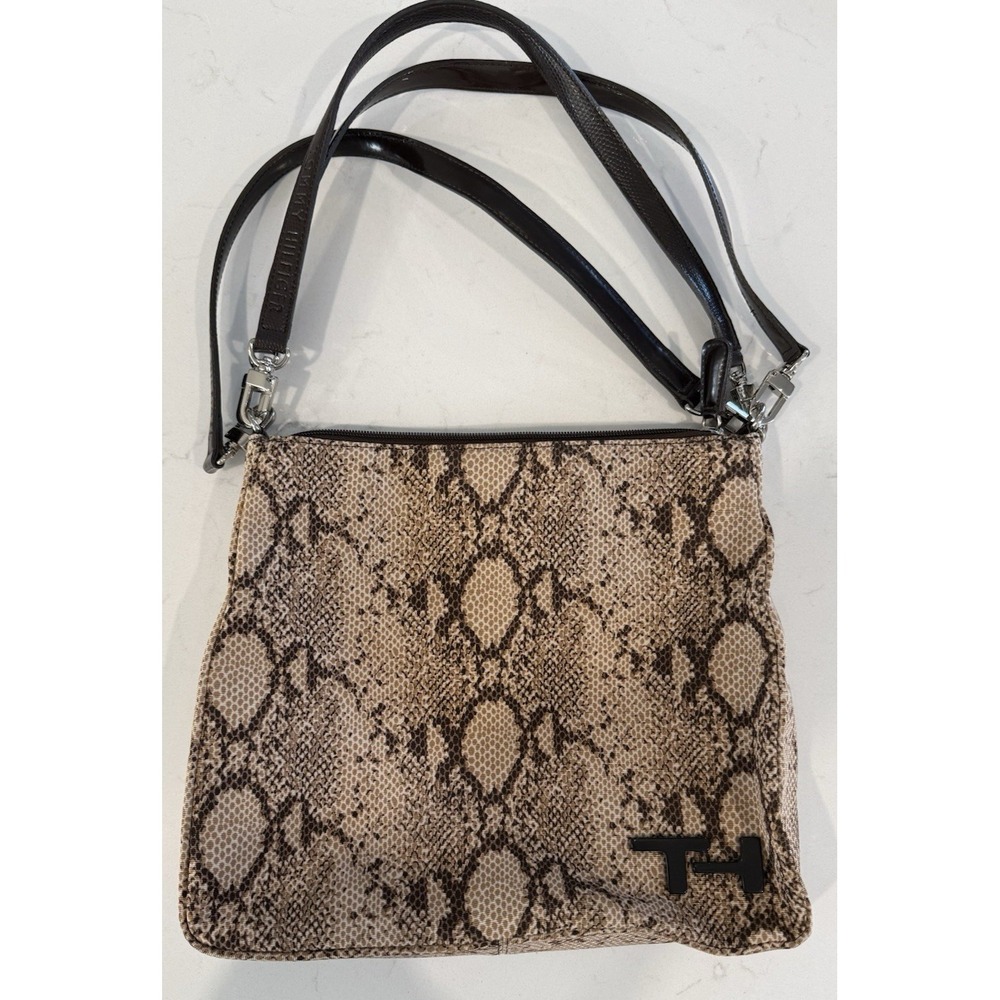 Tommy Hilfiger Canvas Brown Snakeskin Handbag with 3‎ Straps Vtg 90s TOMMY EUC
